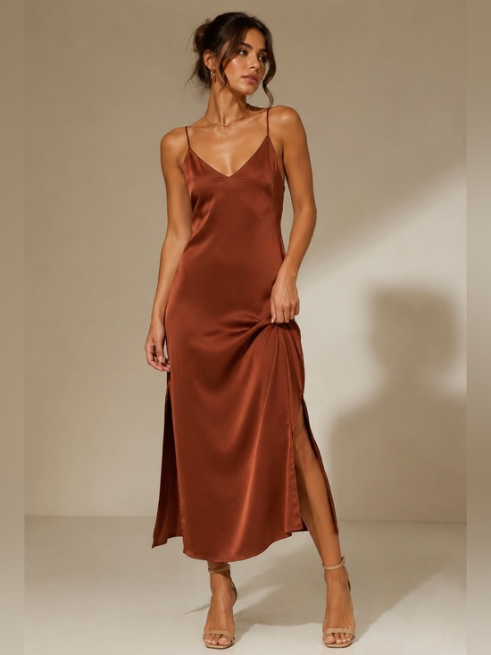 The Drop Dresses & Skirts - The Drop Rust Brown Satin Slip Dress Minimalist Midi Dress Cami Dress